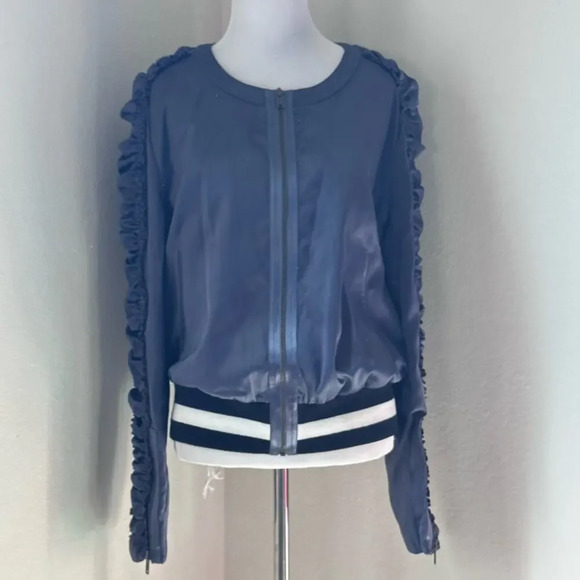 William Rast Dark Blue Bomber Jacket with Sleeve Ruffles Large - Picture 1 of 10